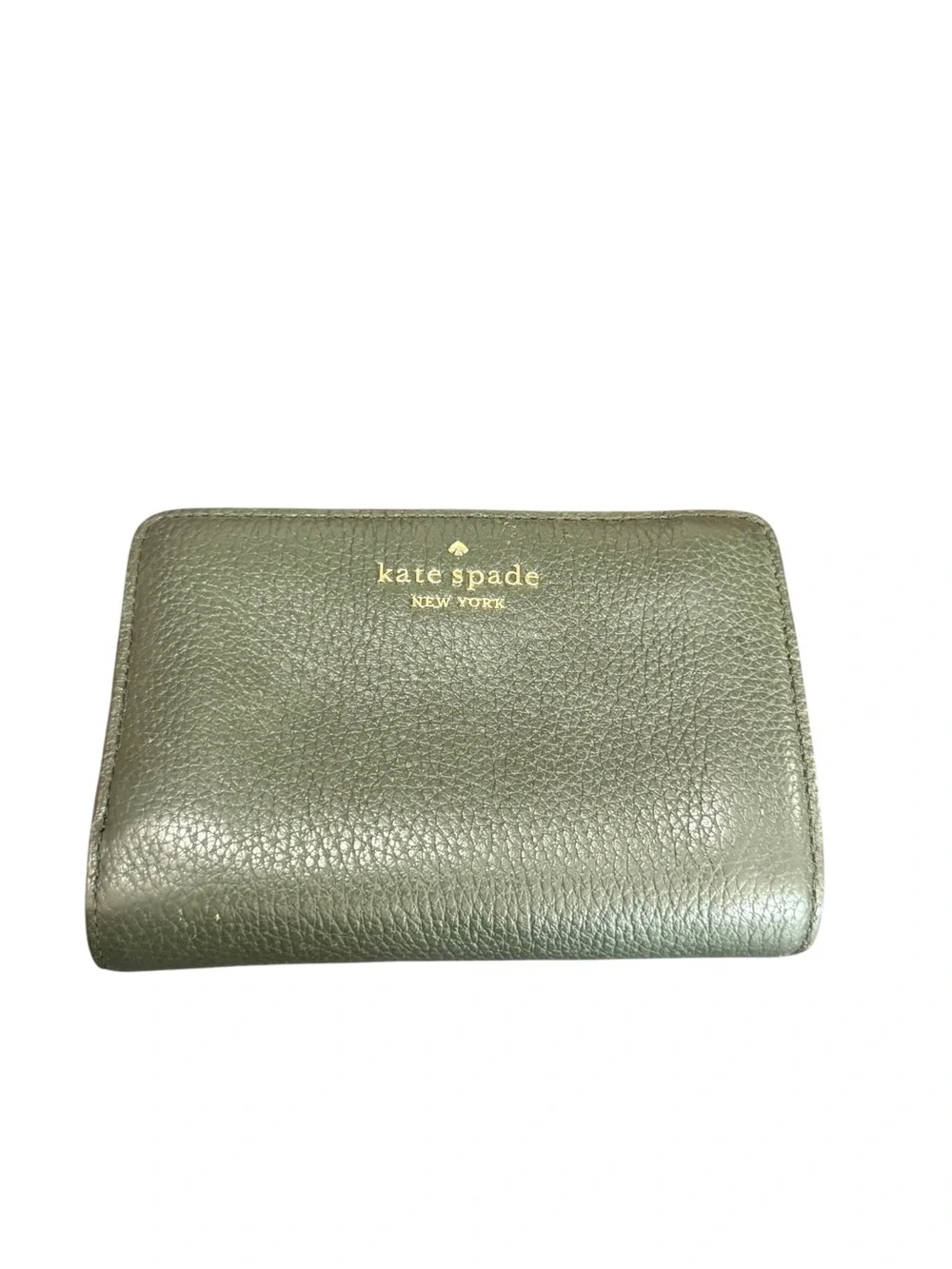 kate spade Olive Green Pebbled Leather Compact Wallet with Gold Logo